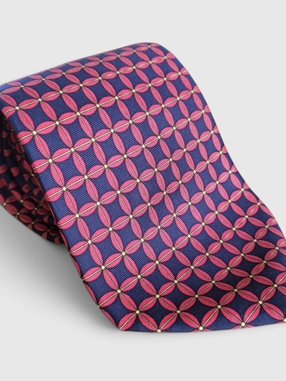 Brooks Brothers Makers Mens Silk Tie Red Navy Blue Gold Chain Link Geometric USA